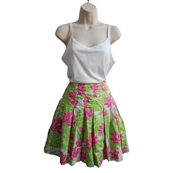 LILLY PULITZER Pink Green Lotus Frog Pleated Skirt Size 2 - Picture 1 of 6